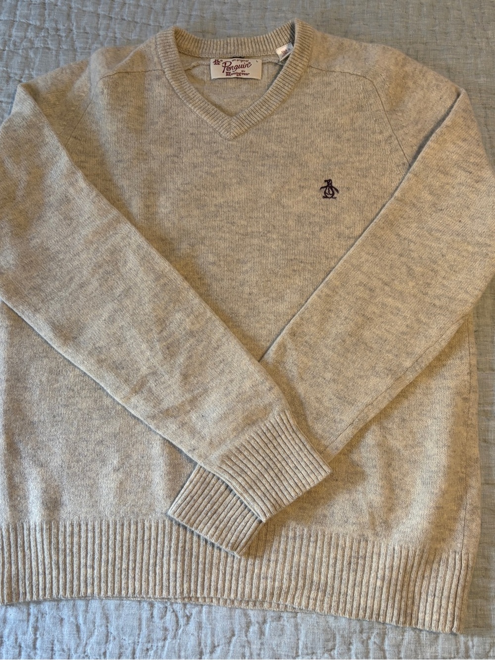 Original Penguin Men's V-Neck Sweater in Light Gray with Navy Logo